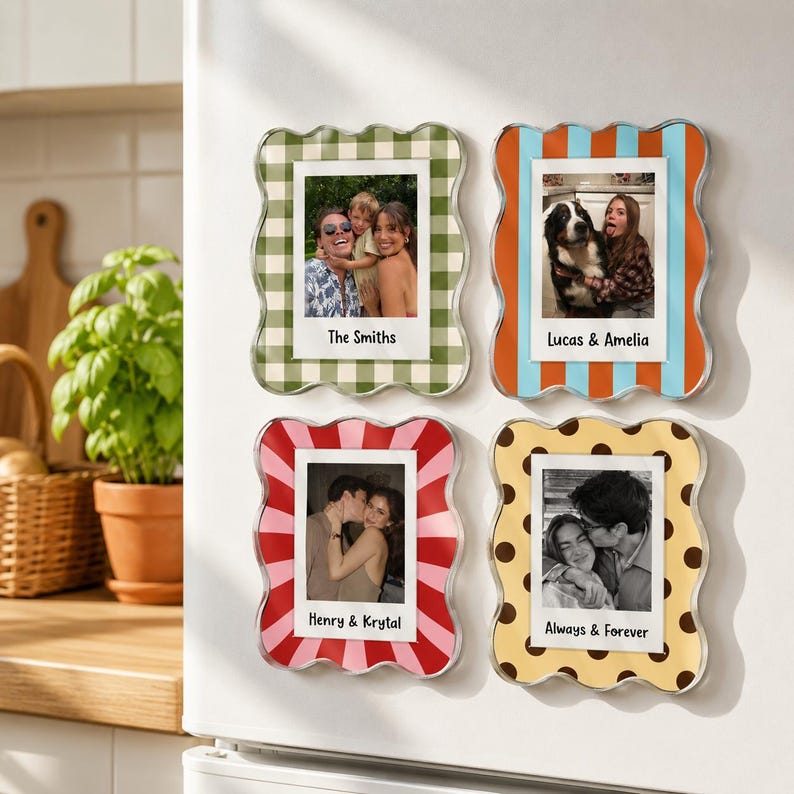 May include: Four rectangular magnetic photo frames with wavy edges, each displaying a different pattern and photograph. The frames feature green gingham, orange and blue stripes, red sunbursts, and yellow polka dots, with custom text labels below.