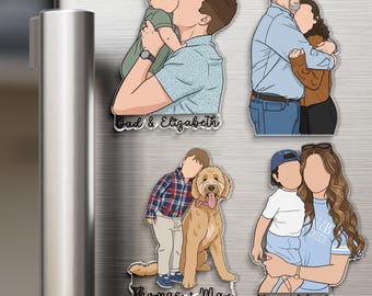 May include: A collection of personalized family magnets. Each magnet features a cartoon illustration of a family member or members, with names printed below. The magnets depict various family scenes, including a father kissing a baby, and a family hugging.