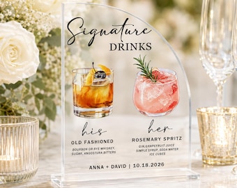 May include: A clear acrylic arch-shaped sign titled Signature Drinks featuring illustrations of an Old Fashioned and a Rosemary Spritz. Text includes ingredients for each cocktail, the names Anna + David, and the date 10.18.2026 in black lettering.