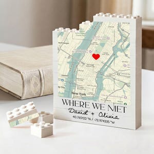 Personalized Coordinate Where We Met Building Puzzle Block, Custom Location Map Our First Date Brick, Anniversary Gift For Couples