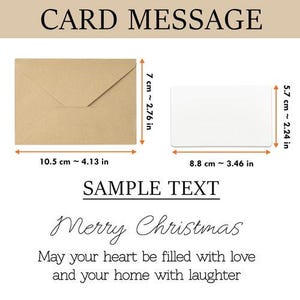 May include: A kraft paper envelope and a white card with dimensions. The envelope is 4.13 inches long and 2.76 inches high. The card is 3.46 inches long and 2.24 inches high. Text reads "Merry Christmas".