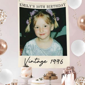May include: A banner with a vintage photo of a young girl, with the text "EMILY'S 30TH BIRTHDAY" at the top and "Vintage 1996" at the bottom. The banner is surrounded by balloons and desserts.