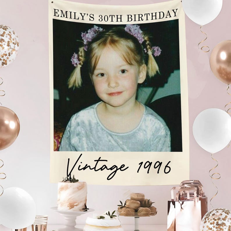 May include: A banner with a vintage photo of a young girl, with the text "EMILY'S 30TH BIRTHDAY" at the top and "Vintage 1996" at the bottom. The banner is surrounded by balloons and desserts.