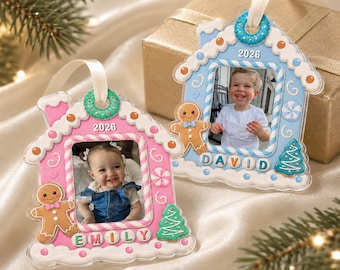 Personalized Gingerbread House Ornament With Kids Photo, Custom Baby Photo Ornament, New Kids Gift, Baby First Christmas Ornament