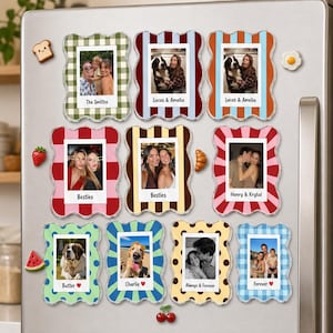 May include: A collection of eleven rectangular photo magnets with wavy edges, featuring various patterns like gingham, stripes, and polka dots. Each magnet displays a personal photograph and a printed name or phrase at the bottom.