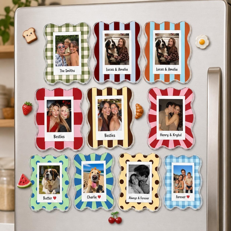May include: A collection of eleven rectangular photo magnets with wavy edges, featuring various patterns like gingham, stripes, and polka dots. Each magnet displays a personal photograph and a printed name or phrase at the bottom.