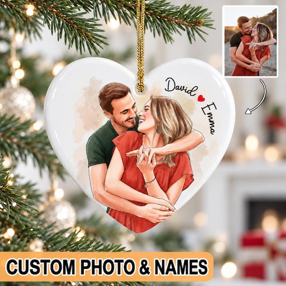 Personalized Ceramic Watercolor Photo Couples Ornament: Engagement Christmas Ornament, Engaged 2025 Gift, Aniversary Gifts
