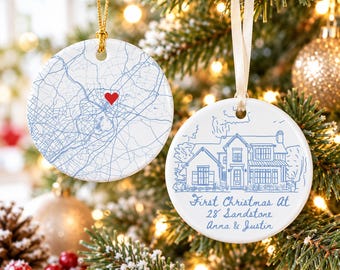 Personalized First Christmas At New Home Ornament, House Line Portrait Ornament, New Home Gift, Housewarming Gift, Realtor Gift For Buyers