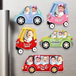 May include: Five custom refrigerator magnets featuring cartoon vehicles with photos of children's faces. The magnets include a blue car, a pink foot-to-floor ride-on, a red ride-on, a green car, and a red bus, each with text like We Love You.