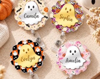 Personalized Acrylic Mirror Cute Boo Badge Reel, Halloween Badge Reel, Ghost ID Holder, Fall Badge Reel, Teacher Badge Reel, Nurse ID Holder