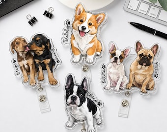 Personalized Pet Portrait From Photo Badge Reel: Dog, Cat Retractable ID Holder