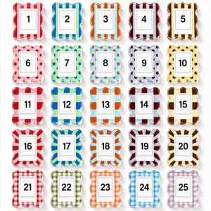 May include: A collection of twenty-five rectangular magnets with wavy edges, each featuring a white center and a unique patterned border. The patterns include vertical stripes, polka dots, sunburst rays, and gingham checks in various colors, numbered 1 to 25.