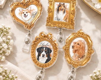 Personalized Pet Portrait Badge Reel, Custom Museum Frame Pet Photo Badge Reel, Teacher Nurse Badge Reel, Gift For Dog Mom, Dog Lovers Gift