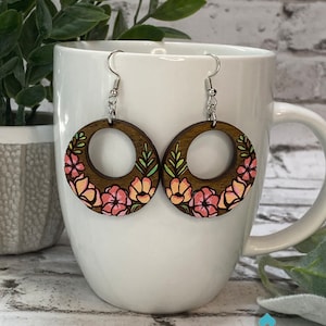 Hand Painted Stained Wooden Floral Earrings, Mason Jar Earrings, Gifts for mom, Gift for Bridesmaid, Lightweight Earrings Dangle, Valentines