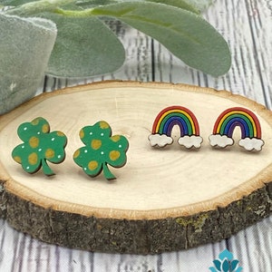 St. Patrick&#39;s Day Stud Earrings, Hand Painted Earrings, Earrings for Little Girls, Stud Earrings for Women, Shamrock Rainbow