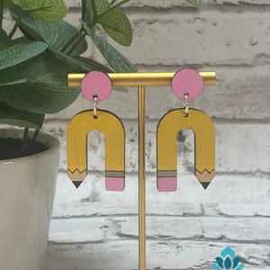 Teacher Pencil Earrings, Pencil Dangle Earrings, Back to School Gifts for Teacher, Cute Teacher Earrings, Hand Painted Earrings Wooden