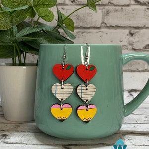 Teacher Heart Earrings, Pencil Dangle Earrings, Back to School Gifts for Teacher, Cute Teacher Earrings, Hand Painted Earrings