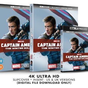 May include: A 4K Ultra HD Blu-ray disc case for the movie Captain America: The Winter Soldier. The case is blue, red, and white with a picture of Captain America on the front. The text "Captain America: The Winter Soldier" is printed in white on a red background.