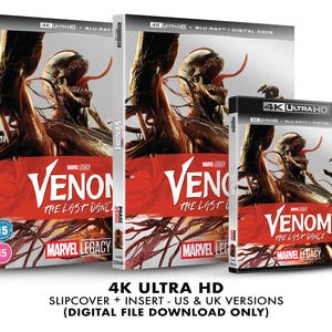May include: A 4K Ultra HD Blu-ray disc case with a slipcover and insert for the movie "Venom: The Last Dance". The case features a red and black design with a close-up image of Venom, a symbiote character from Marvel Comics.