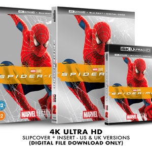 May include: A 4K Ultra HD Blu-ray disc slipcover and insert for the movie Spider-Man. The slipcover features a red and blue Spider-Man suit with the text "Spider-Man" and "Marvel Legacy" on the front. The insert features a similar design with the text "4K Ultra HD" and "Blu-ray + Digital Code".