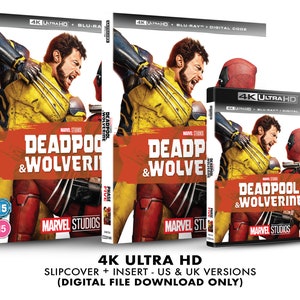 May include: A 4K Ultra HD Blu-ray disc case with a slipcover and insert for the movie "Deadpool & Wolverine". The case features a red and yellow image of Deadpool and Wolverine fighting. The text "Marvel Studios" is printed on the case.