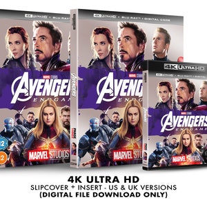 Może przedstawiać: Okładka i wkładka do dysku Blu-ray 4K Ultra HD filmu Avengers: Endgame. Okładka ma fioletowe tło z logo Avengers i tytułem filmu. Wkładka przedstawia zbliżenie głównych bohaterów filmu.