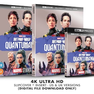 May include: A 4K Ultra HD Blu-ray slipcover for the movie Ant-Man and the Wasp: Quantumania. The slipcover features a blue background with the movie title and characters from the film. The slipcover is for both US and UK versions.