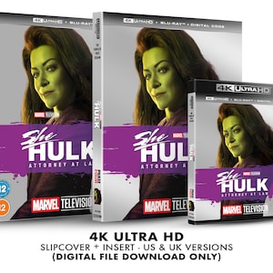 May include: A 4K Ultra HD Blu-ray disc slipcover and insert for the Marvel Television series "She-Hulk: Attorney at Law". The slipcover features a purple background with the show's title and a photo of She-Hulk. The insert features a similar design with a photo of She-Hulk in a more dramatic pose.
