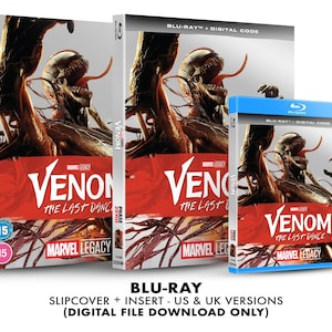 May include: Three Blu-ray cases for the movie Venom: The Last Dance. The cases are silver with a red and black design featuring the character Venom. The text on the cases reads "Venom: The Last Dance" and "Marvel Legacy".