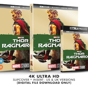 May include: A 4K Ultra HD Blu-ray disc slipcover and insert for the movie Thor: Ragnarok. The slipcover features a close-up of Thor, with a red and gold costume, holding a weapon. The text "Thor: Ragnarok" is printed in white on a green background.