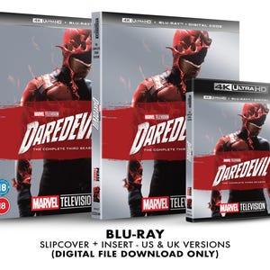 May include: A Blu-ray slipcover and insert for the complete third season of Daredevil, a Marvel Television series. The slipcover features a red and black image of Daredevil in his suit. The insert features a similar image of Daredevil, but with a different background. The text on the slipcover reads "Daredevil: The Complete Third Season" and "Marvel Television". The text on the insert reads "Daredevil: The Complete Third Season" and "Marvel Television".