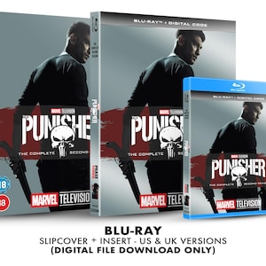 Può includere: Un set di dischi Blu-ray della serie televisiva Marvel "The Punisher", che include la seconda stagione completa. Il set include una custodia, un inserto e un codice digitale. La copertina presenta un logo a forma di teschio e il testo "The Punisher" in rosso e bianco.