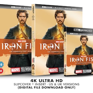 May include: A 4K Ultra HD Blu-ray disc slipcover and insert for the Marvel Television series Iron Fist. The slipcover features a yellow background with the show's logo and the text "The Complete First Season". The insert features a close-up of the main character, Danny Rand, in a fighting pose.