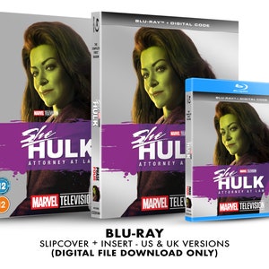 May include: Blu-ray set of "She-Hulk: Attorney at Law" featuring a green-skinned woman on the cover. The set includes a slipcover and insert, with the text "Marvel Television" and "Blu-ray + Digital Code". The Blu-ray case is blue.