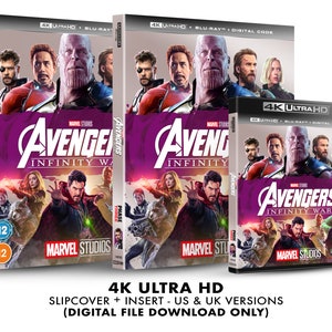 May include: A 4K Ultra HD Blu-ray disc case for the movie Avengers: Infinity War. The case is purple with a picture of the main characters from the movie. The text "Avengers: Infinity War" is printed on the case in white letters.