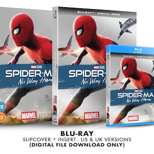 May include: A Blu-ray disc slipcover and insert for the movie Spider-Man: No Way Home. The slipcover features a red and blue Spider-Man suit with a black spider logo. The insert features a close-up of Spider-Man's face.