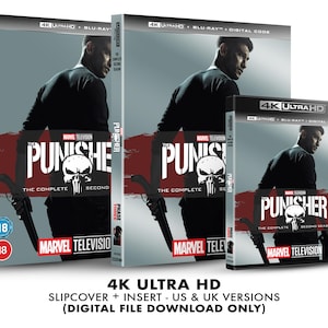Puede incluir: Una caja de disco Blu-ray 4K Ultra HD para la segunda temporada completa de la serie de televisión de Marvel "The Punisher". La caja presenta un diseño negro y rojo con el logotipo del programa y un gráfico de calavera. La caja también incluye una funda y un inserto.