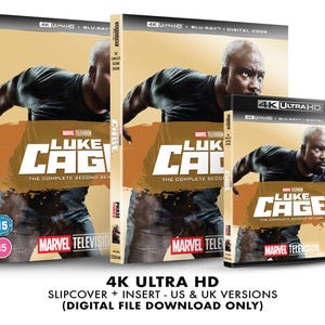 Op de afbeelding: Een 4K Ultra HD Blu-ray disc-set van de Marvel Television-serie "Luke Cage", met het volledige tweede seizoen. De hoes toont een close-up van het hoofdpersonage, Luke Cage, in een vechtpose. De set bevat een slipcover en een inlegvel.