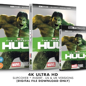 May include: A 4K Ultra HD Blu-ray disc case for the movie "The Incredible Hulk" featuring a green Hulk character on the front cover. The case includes a slipcover and insert. The text "4K Ultra HD" is printed on the front of the case.