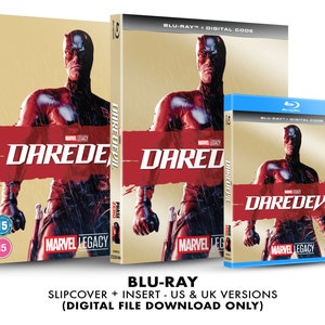 May include: A Blu-ray disc set of the Marvel Legacy Daredevil film. The cover features a red and black image of Daredevil in the rain. The text "Daredevil" is in red and white lettering. The set includes a slipcover, insert, and a digital code.