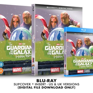 Può includere: Custodia per disco Blu-ray con slipcover e inserto per lo Speciale di Natale dei Guardiani della Galassia dei Marvel Studios. La custodia è blu con un bordo bianco e presenta un'immagine di una palla di neve con i personaggi dello speciale.