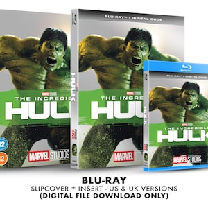 May include: Blu-ray disc case with a slipcover and insert for the movie The Incredible Hulk. The case features a green image of the Hulk on the front. The text "The Incredible Hulk" is printed in white on a green background. The text "Blu-ray + Digital Code" is printed in white on a blue background.
