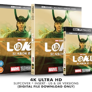 May include: A 4K Ultra HD Blu-ray disc set of the Marvel TV series "Loki" season 2. The cover features a close-up of the character Loki, played by Tom Hiddleston, with his signature green horns and a golden background.