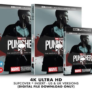 May include: A 4K Ultra HD Blu-ray disc set of the complete first season of the Marvel Television series "The Punisher". The cover features a close-up of Jon Bernthal as Frank Castle, the Punisher, with the show's title and logo in red and white.
