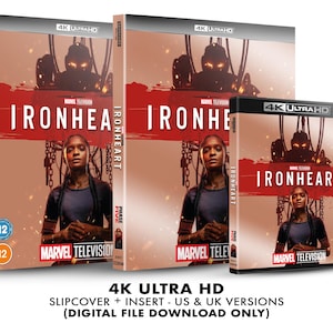 Op de afbeelding: Drie 4K Ultra HD Blu-ray-cases voor de Marvel Television-serie "Ironheart". De cases tonen een vrouw in een zwarte top, de titel van de serie in het rood en een robotfiguur. De cases zijn gelabeld met "Phase Five" en "12".