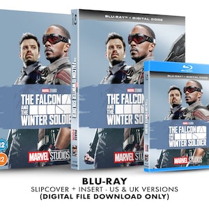 May include: Blu-ray disc case for the Marvel Studios film "The Falcon and the Winter Soldier". The case features a blue background with the film's title and a photo of the two main characters, Anthony Mackie and Sebastian Stan.