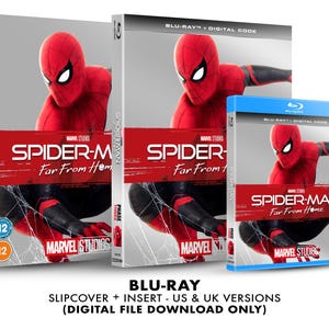 May include: A Blu-ray disc set of the movie Spider-Man: Far From Home. The set includes a slipcover, insert, and a digital code. The slipcover features a red and black image of Spider-Man in a crouching pose. The text "Spider-Man: Far From Home" is printed in white on the slipcover. The insert features a close-up of Spider-Man's face. The text "Spider-Man: Far From Home" is printed in white on the insert. The digital code is printed on the back of the slipcover.