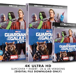 May include: A 4K Ultra HD Blu-ray disc case for the movie Guardians of the Galaxy Vol. 2. The case is blue and features a picture of the characters from the movie, including Rocket Raccoon, Groot, Gamora, and Star-Lord. The case also includes a slipcover and insert.