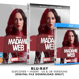 Peut inclure: Boîtier de disque Blu-ray avec un sur-boîtier et une jaquette pour le film "Madame Web". Le boîtier est argenté avec un design rouge et noir mettant en scène le titre du film et une femme en costume rouge. Le boîtier comprend également le texte "Marvel Legacy" et "Phase Zero".