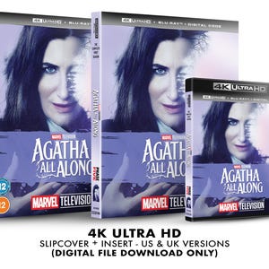 Può includere: Una custodia e un inserto per Blu-ray 4K Ultra HD della serie TV "Agatha: All Along". La custodia presenta uno sfondo viola con un ritratto di Agatha Harkness, un personaggio dell'Universo Cinematografico Marvel. Il testo "Agatha: All Along" è in bianco e il logo Marvel Television è in rosso.